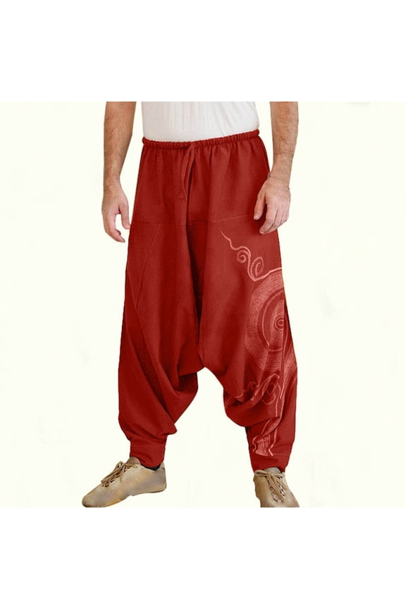 Simua Men's Loose Casual Printed Harem Pants Elastic Drawstring Waist Low-Crotch Yoga Pants for Daily Loungewear All Season Wear
