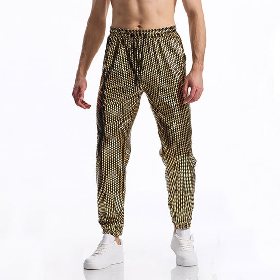 Simua Men's Metallic Finish Disco-Style Pants with Elastic Waist - Retro Fashion Joggers with Ankle Cuffs