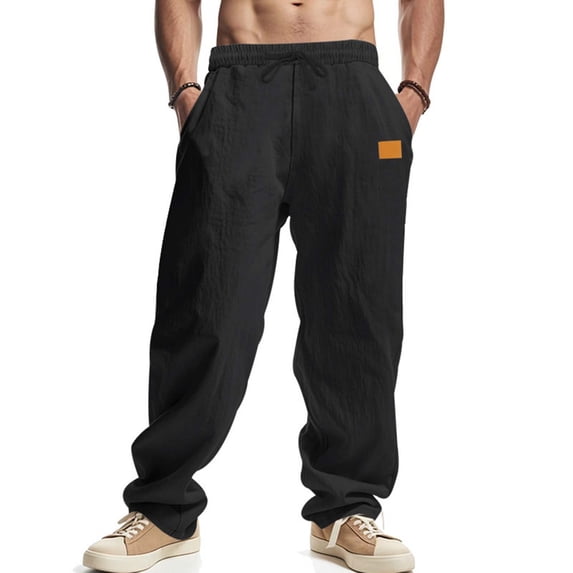 Simua Men's Premium Linen-Blend Casual Trousers with Leather Logo Patch - Straight Leg Beach Pants for Business Casual Wear