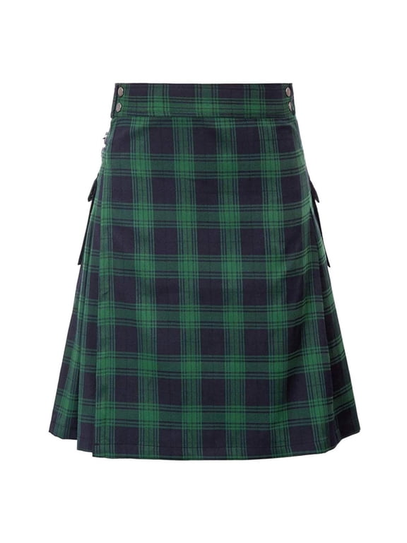 Simua Men's Tartan Plaid Utility Kilt | High-Waisted Pleated Skirt with Cargo Pocket Snap Fastener for Scottish Festival Casual Daily Wear