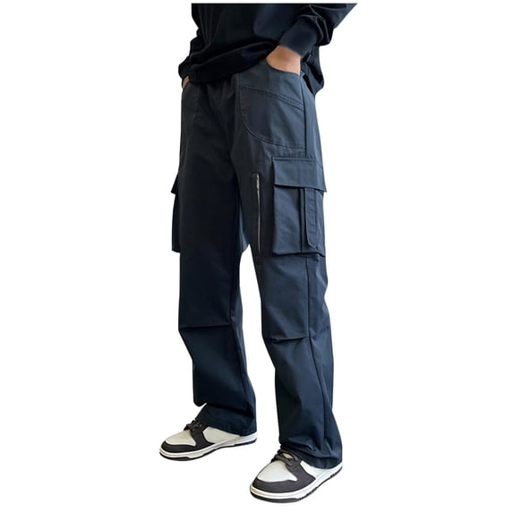 Simua Men's Solid Color Elastic Waist Cargo Pants | Drawstring Straight Leg Multi-Pocket Polyester Trousers for Outdoor Casual All Season Wear