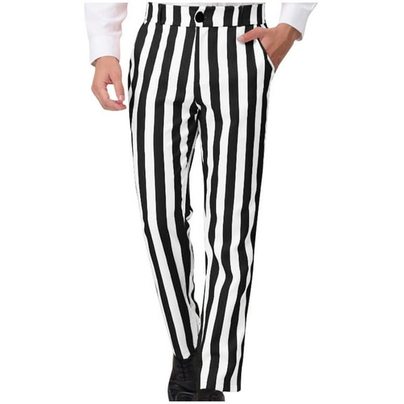 Simua Men's Striped Casual Pants - Red White Vertical Stripes with Button & Zipper Front