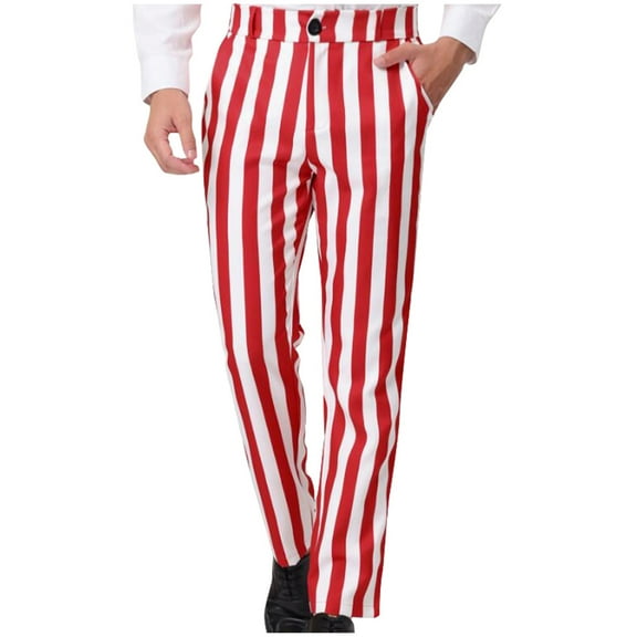 Simua Men's Striped Casual Pants - Red White Vertical Stripes with Button & Zipper Front