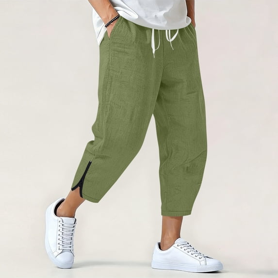 Simua Men's Summer Solid Color Linen-Like Elastic Drawstring Waist 7/8 Pants with Pockets Ankle Zipper Casual Sport Daily Wear
