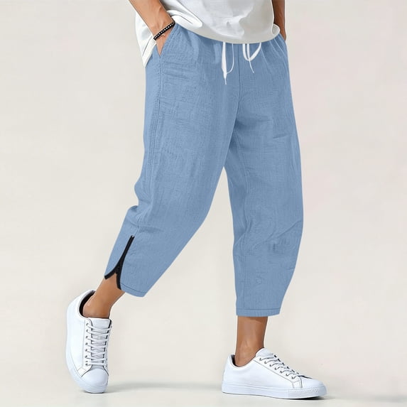 Simua Men's Summer Solid Color Linen-Like Elastic Drawstring Waist 7/8 Pants with Pockets Ankle Zipper Casual Sport Daily Wear