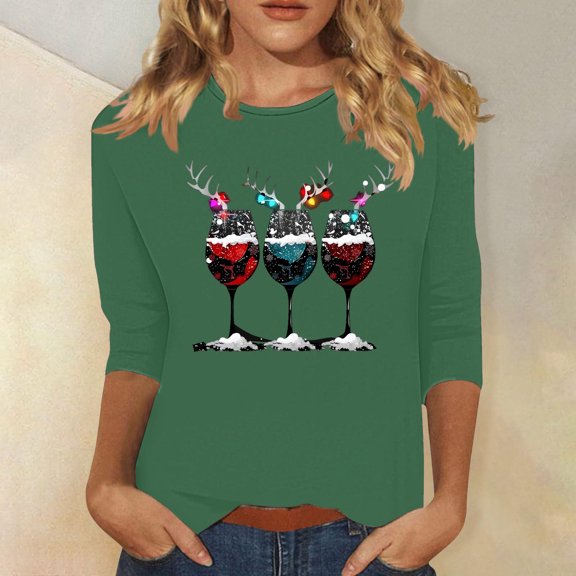 Simua Merry Christmas Shirt for Women Christmas 3/4 Sleeve Pullover Holiday Graphic Winter Blouse Tops