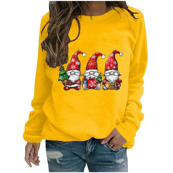 Simua Merry Christmas T-Shirt Women Bright Cute Graphic Printed Sweatshirt Casual Long Sleeve Round Neck Pullover Tops