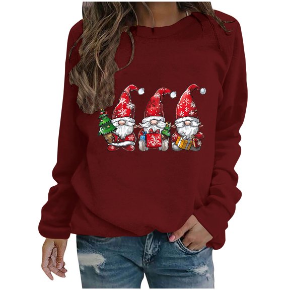 Simua Merry Christmas T-Shirt Women Bright Cute Graphic Printed Sweatshirt Casual Long Sleeve Round Neck Pullover Tops
