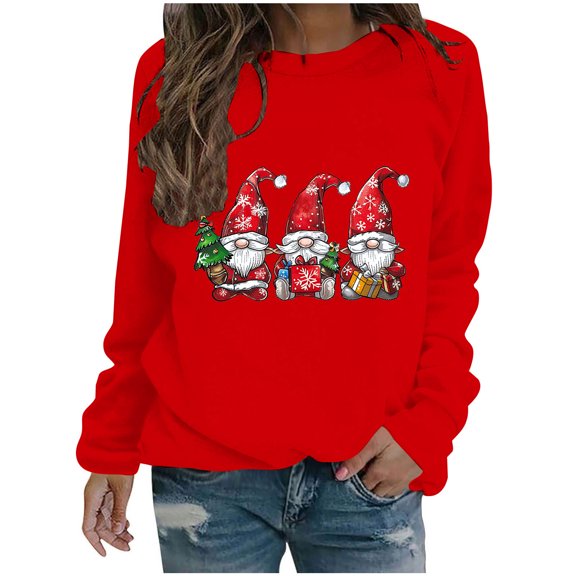 Simua Merry Christmas T-Shirt Women Bright Cute Graphic Printed Sweatshirt Casual Long Sleeve Round Neck Pullover Tops