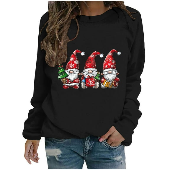 Simua Merry Christmas T-Shirt Women Bright Cute Graphic Printed Sweatshirt Casual Long Sleeve Round Neck Pullover Tops