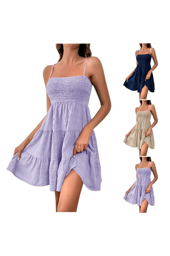 Mini Dresses for Women Summer Spaghetti Straps Sleeveless Solid Color Pleated Beach Cami Dress