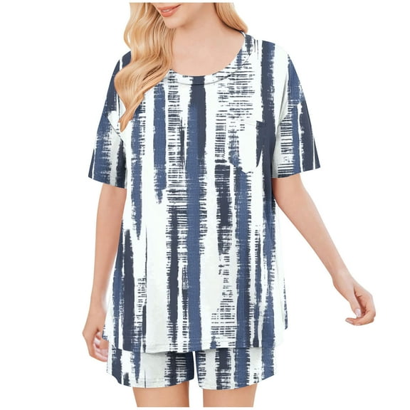 Simua Pajamas Short Sleeve Two Piece Sleepwear for Women, Women's Summer Casual Print Round Neck Tops Pockets with Shorts Loose Loungewear Pjs Set, Size S-XXL