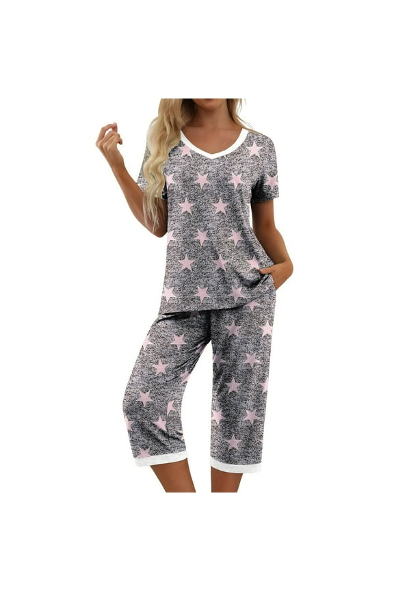 Simua Pajamas Short Sleeve Summer Sleepwear for Women, Women's Star Print Soft V-neck Tops and Capri Pants Loose Loungwear Pjs Sets, Size M-XXL