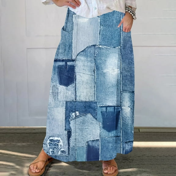 Simua Pleated Midi Skirts for Women with Pockets Elastic High Waisted Printed Skirt Womens Long Skirts Trendy 2024