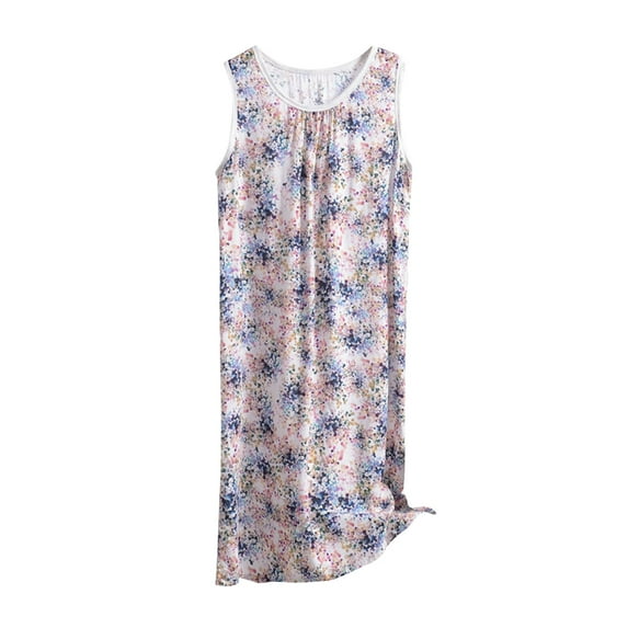 Simua Plus Size Sleeveless Nightgown for Women, Print Round Neck Pleated Front Below Knee Sleepwear