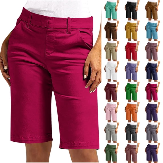 Simua Plus Size Women's Summer Shorts Casual Twill Solid Color Pull-On Straight Leg Bermuda Short with Pockets