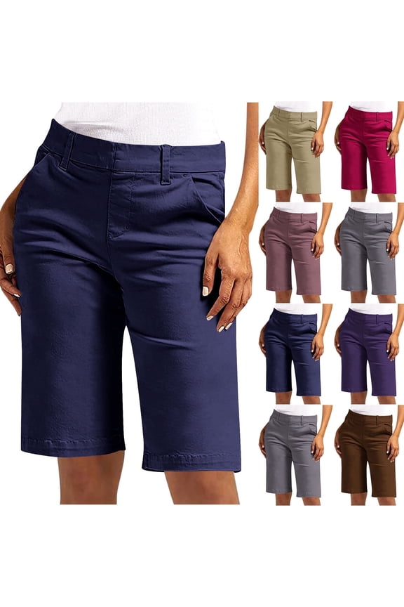 Simua Plus Size Women's Summer Shorts Casual Twill Solid Color Pull-On Straight Leg Bermuda Short with Pockets
