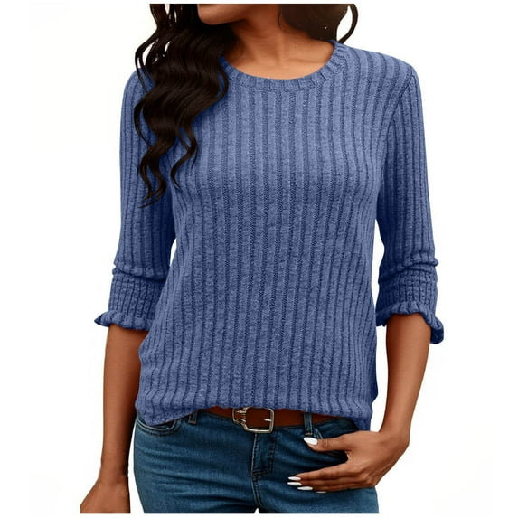 Simua Ribbed Sweaters for Women Solid Color 3/4 Sleeve Tops Round Neck Loose Casual Pullover Blouses