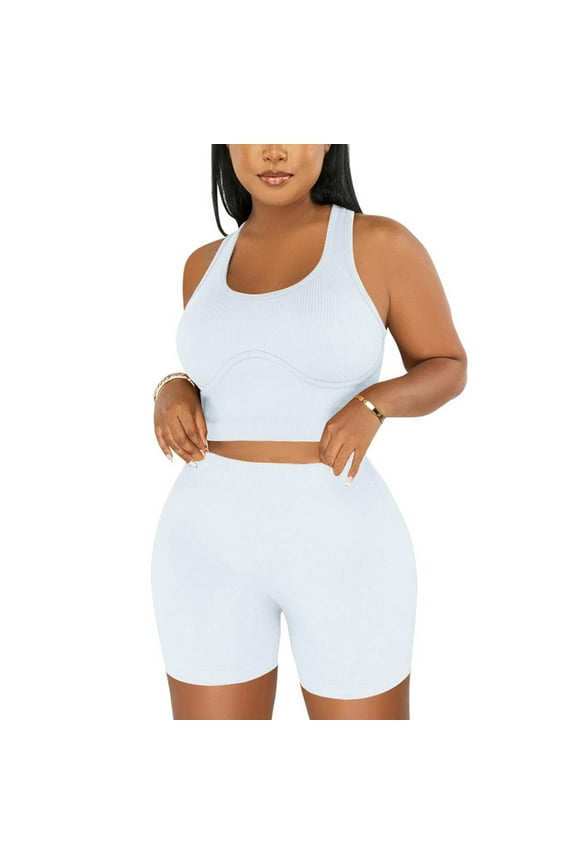 Ribbed Two Piece Outfit Set for Women Solid Color Yoga Workout Tank Tops and Shorts Clothing