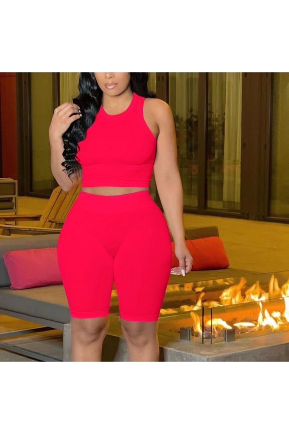 Ribbed Two Piece Outfit Set for Women Solid Color Yoga Workout Tank Tops and Shorts Clothing