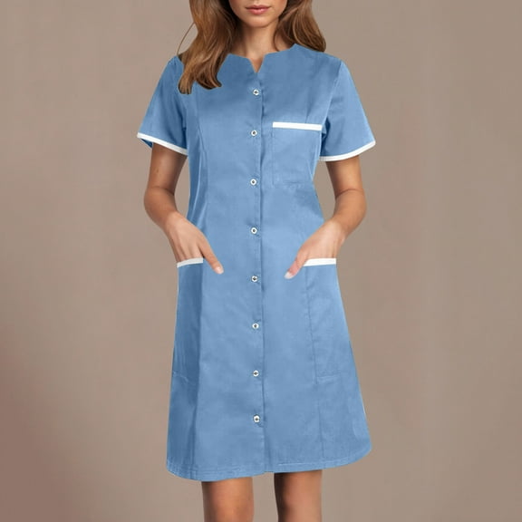 Simua Scrubs Dress for Women Notch Lapel Button Front Nursing Workwear Casual Housekeeping Mini Dresses with Pockets