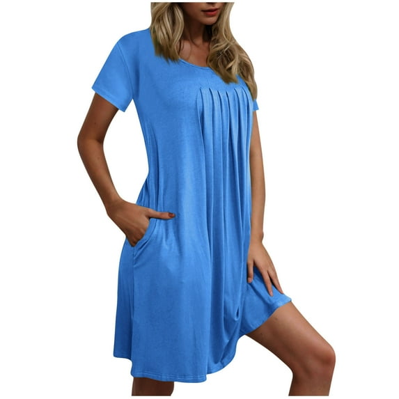 Simua Short Sleeve Nightgown for Women, Women's Sleepwear with Pockets Pleated Front Solid Color Round Neck Above Knee Nightdress
