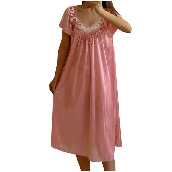 Simua Silky Nightgown for Women, Lace V Neck Solid Color Short Sleeve Knee Length Soft Sleepshirts