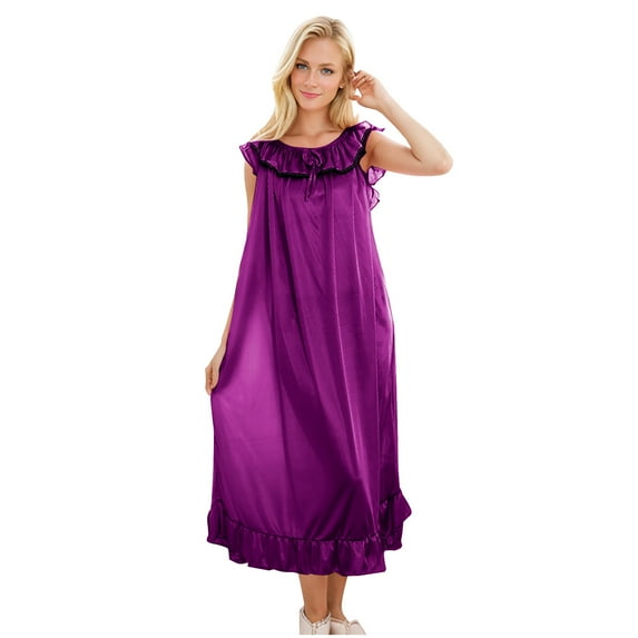 Simua Silky Nightgown for Women, Women's Ruffled Sleeveless Crew Neck Hem Solid Color Long Sleepshirts
