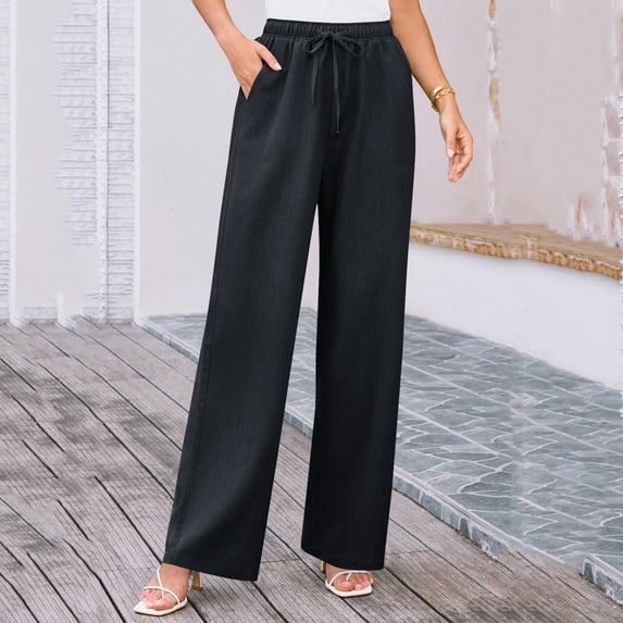 Simua Straight Leg Cotton Linen Pants for Women Summer Casual Loose Drawstring High Waist Trousers with Pockets