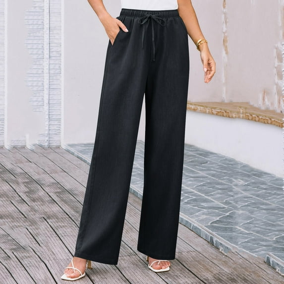 Simua Straight Leg Cotton Linen Pants for Women Summer Casual Loose Drawstring High Waist Trousers with Pockets