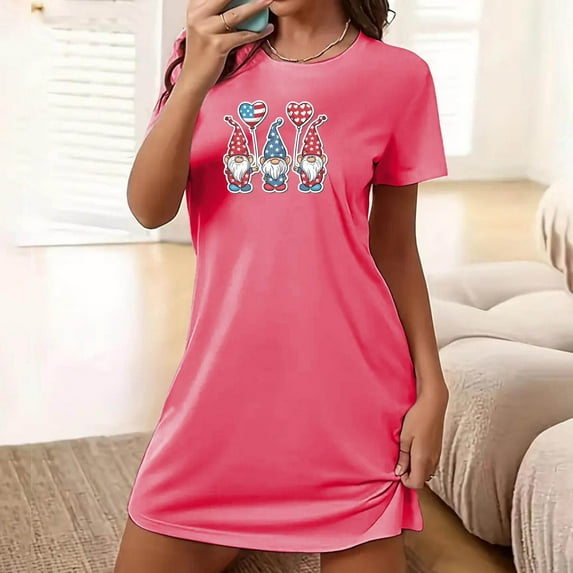 Simua Summer Nightshirt for Women Independence Day Graphic Printed Short Sleeve Round Neck Sleep Shirts Dress Loose Mini Loungewear