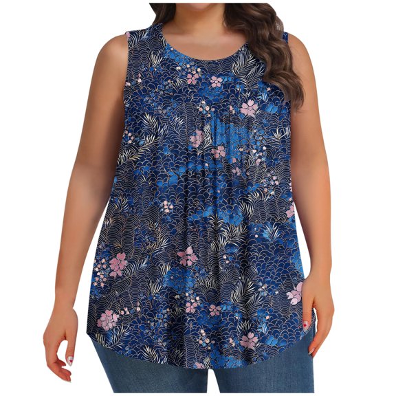 Simua Summer Plus Size Tank Top for Women, Ladies Floral Printed Pleated Round Neck Sleeveless Blouse Loose Flowy T-shirts, Size L-5XL