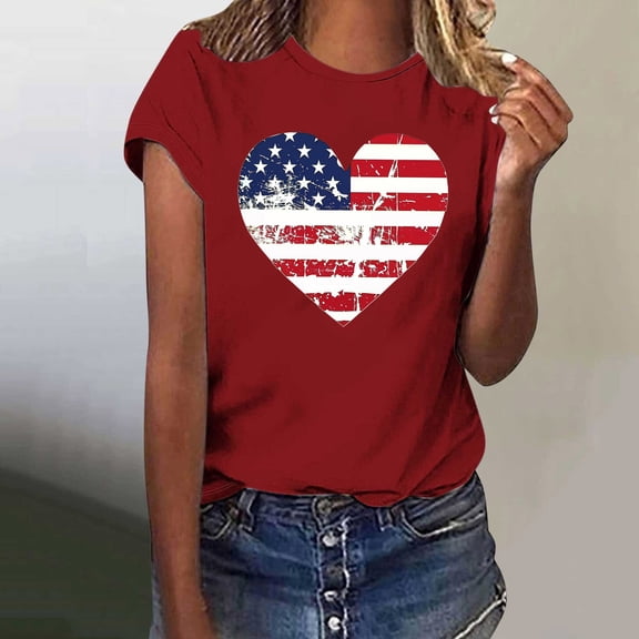 Simua Summer Printed T Shirts Women Vintage Short Sleeve Shirts Casual American Flag Shirt Top