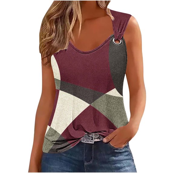 Simua Summer Tank Top for Women, Ladies Colorr Block Printed Suspender Metal Spaghetti Straps Sleeveless Round Neck Top, Size S-2XL