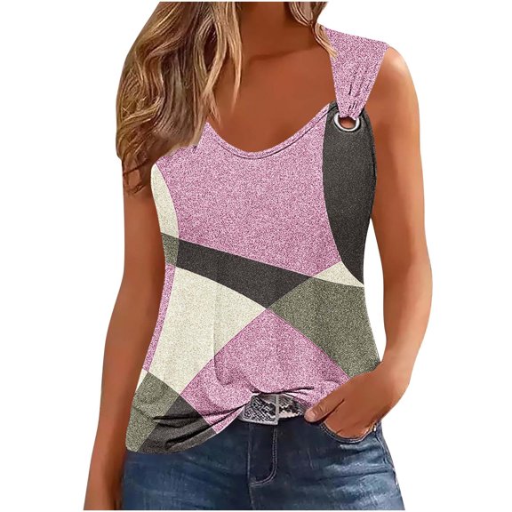 Simua Summer Tank Top for Women, Ladies Colorr Block Printed Suspender Metal Spaghetti Straps Sleeveless Round Neck Top, Size S-2XL