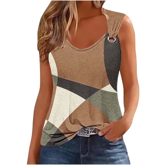 Simua Summer Tank Top for Women, Ladies Colorr Block Printed Suspender Metal Spaghetti Straps Sleeveless Round Neck Top, Size S-2XL