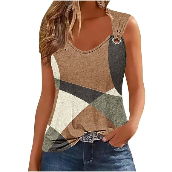 Simua Summer Tank Top for Women, Ladies Colorr Block Printed Suspender Metal Spaghetti Straps Sleeveless Round Neck Top, Size S-2XL