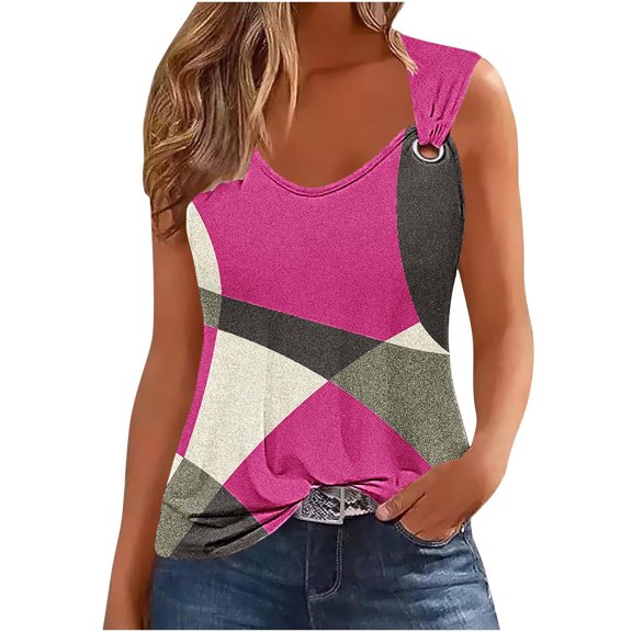 Simua Summer Tank Top for Women, Ladies Colorr Block Printed Suspender Metal Spaghetti Straps Sleeveless Round Neck Top, Size S-2XL