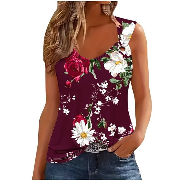 Simua Summer Tank Top for Women, Ladies Floral Printed Spaghetti Strap Trendy Sleeveless Loose T-shirts, Size S-2XL