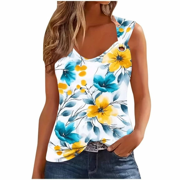 Simua Summer Tank Top for Women, Ladies Floral Printed Spaghetti Strap Trendy Sleeveless Loose T-shirts, Size S-2XL