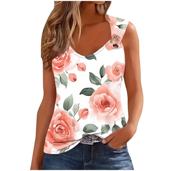 Simua Summer Tank Top for Women, Ladies Floral Printed Spaghetti Strap Trendy Sleeveless Loose T-shirts, Size S-2XL