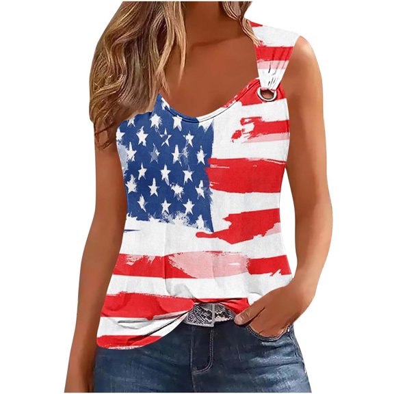 Simua Summer Tank Top for Women, Ladies Independence Day Printed Suspender Metal Spaghetti Straps Sleeveless Round Neck Top, Size S-2XL