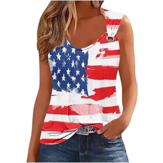 Simua Summer Tank Top for Women, Ladies Independence Day Printed Suspender Metal Spaghetti Straps Sleeveless Round Neck Top, Size S-2XL