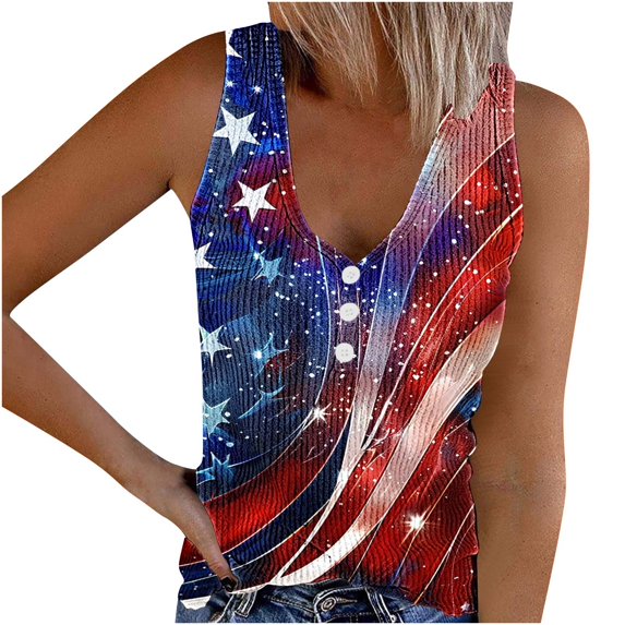 Simua Summer Tank Top for Women, Ladies New Independence Day Printed V-neck Sleeveless Button Henley Shirts, Size S-3XL