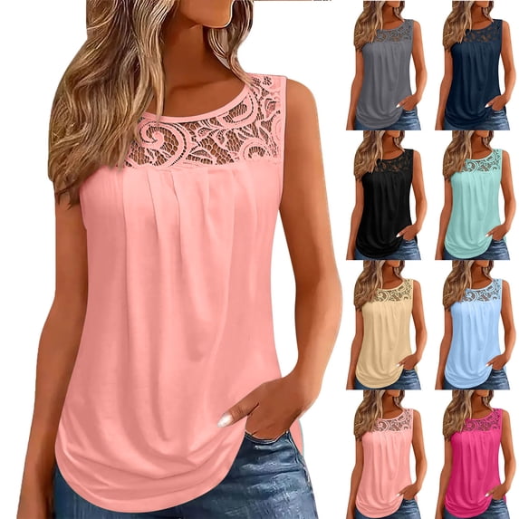 Simua Tank Tops for Women Summer Trendy Lace Round Neck Tops Pleated Loose Fit Casual Sleeveless Shirts
