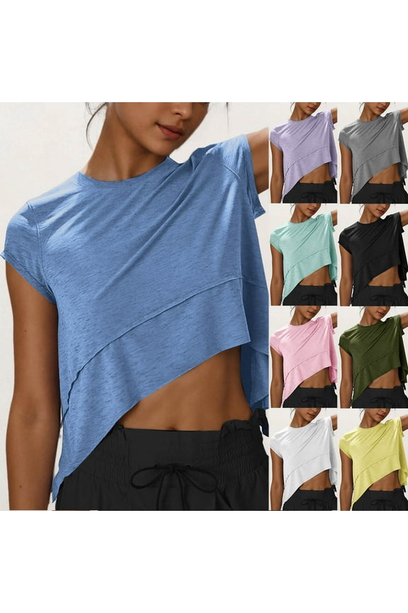 Tops for Women Short Sleeve Round Neck Solid Color Crop Shirts Flowy Side Slit Loose Fit Tee
