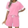 Simua Two Piece Sets for Womens Casual Short Sleeved Round Neck T-shirts and Drawstring Shorts Color Block Outfit Set