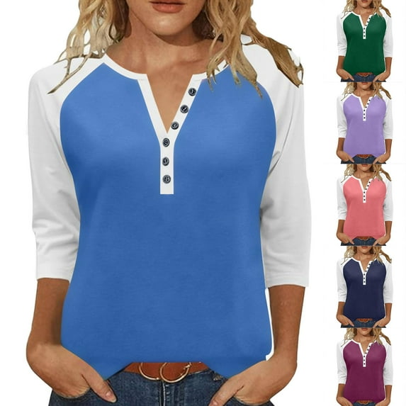 Simua V Neck Blouses for Women Dressy Casaul 3/4 Length Sleeve Womens Tops Colorblock Button Down Shirts