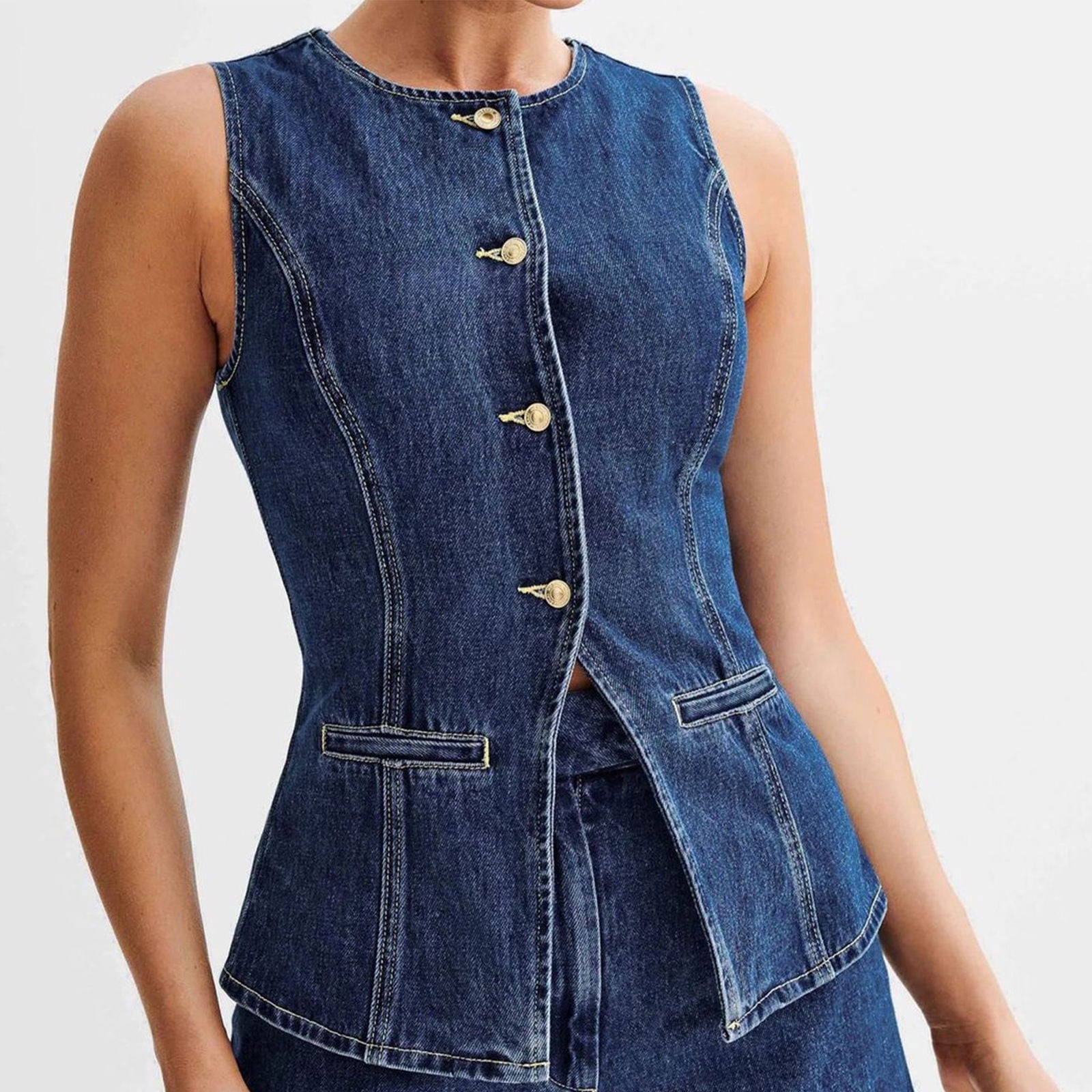 Denim Vest V neck Single Breasted Short Denim Waistcoat Vest button