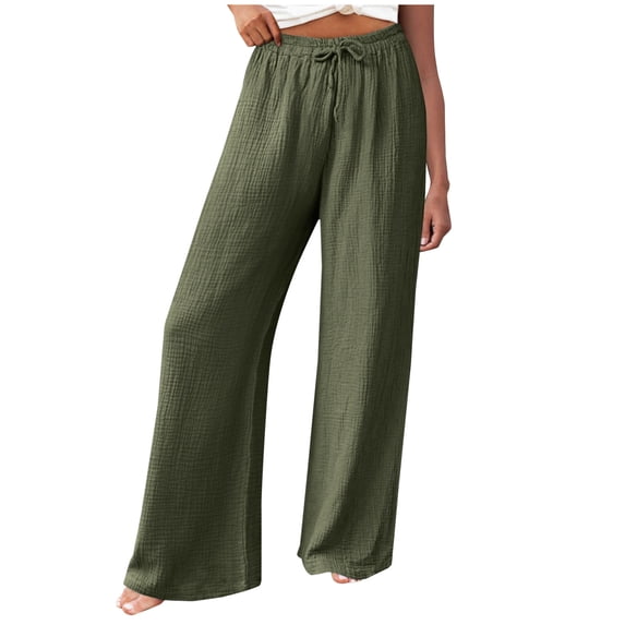 Simua Wide Leg Baggy Pants for Women Solid Color Faux Linen Elastic Waist Casual Loose Trousers